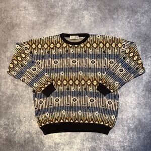 Vintage‎ Progetto Mens XL Geometric Abstract Knit Sweater Made Italy Cotton Mix